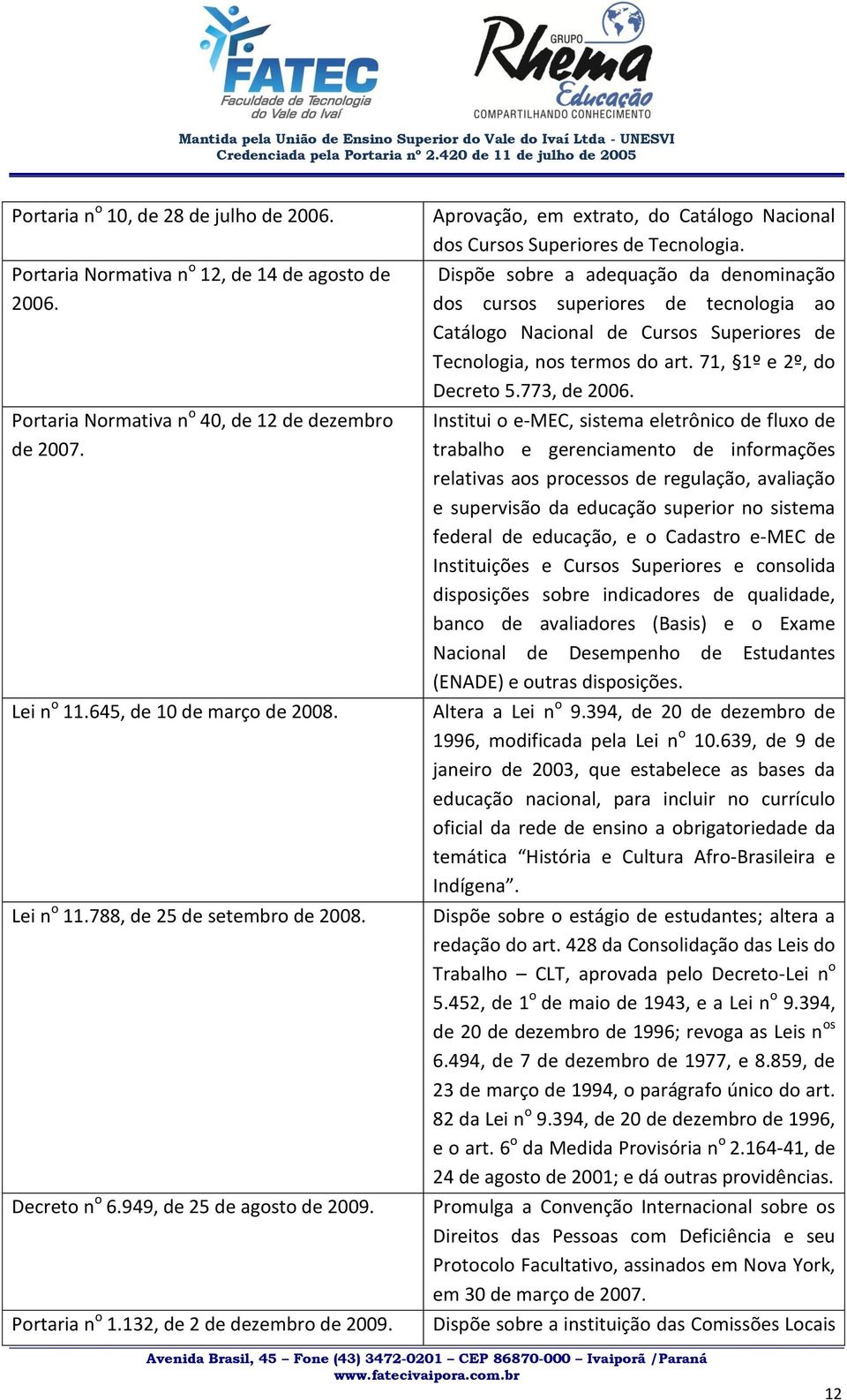 Dispõe sobre a adequação da denominação dos cursos superiores de tecnologia ao Catálogo Nacional de Cursos Superiores de Tecnologia, nos termos do art. 71, 1º e 2º, do Decreto 5.773, de 2006.