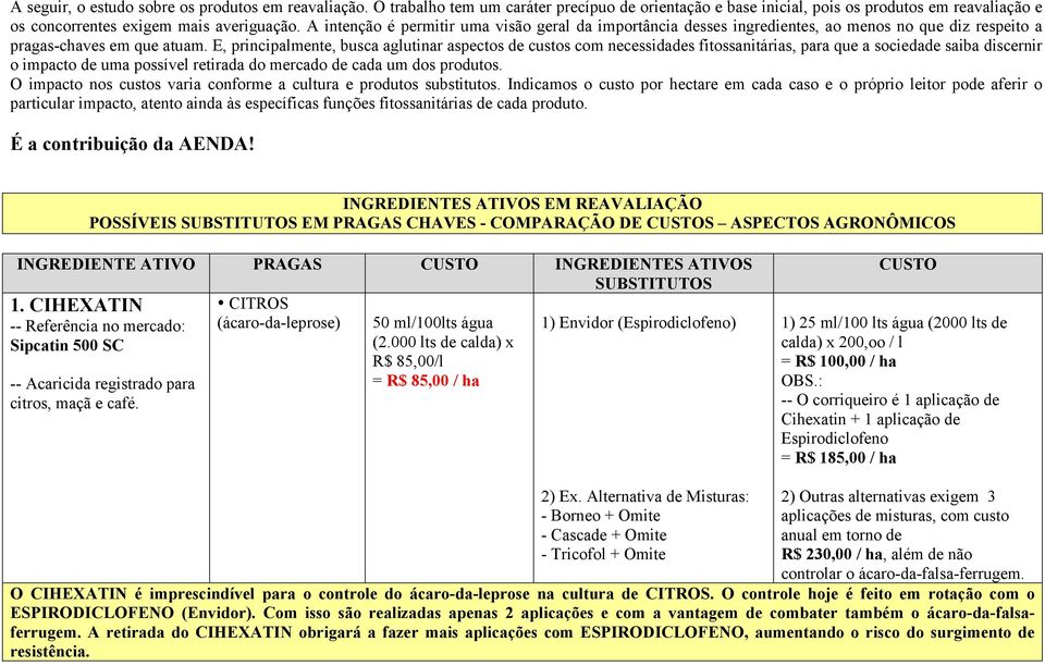 E, principalmente, busca aglutinar aspectos de custos com necessidades fitossanitárias, para que a sociedade saiba discernir o impacto de uma possível retirada do mercado de cada um dos produtos.