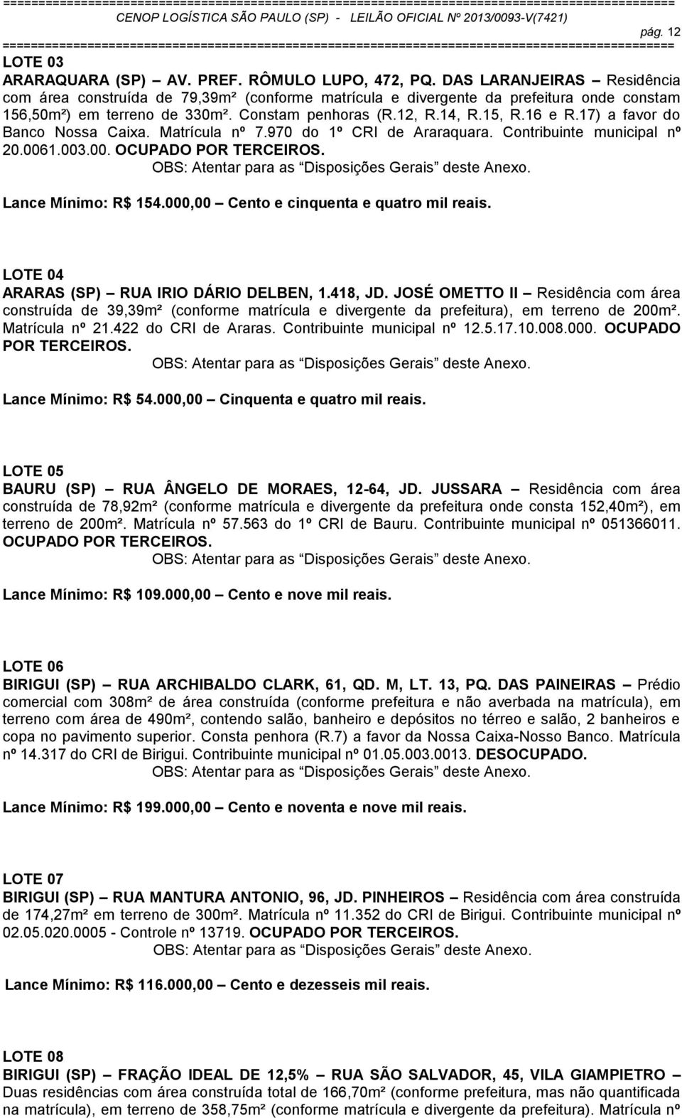 17) a favor do Banco Nossa Caixa. Matrícula nº 7.970 do 1º CRI de Araraquara. Contribuinte municipal nº 20.0061.003.00. OCUPADO POR TERCEIROS. Lance Mínimo: R$ 154.