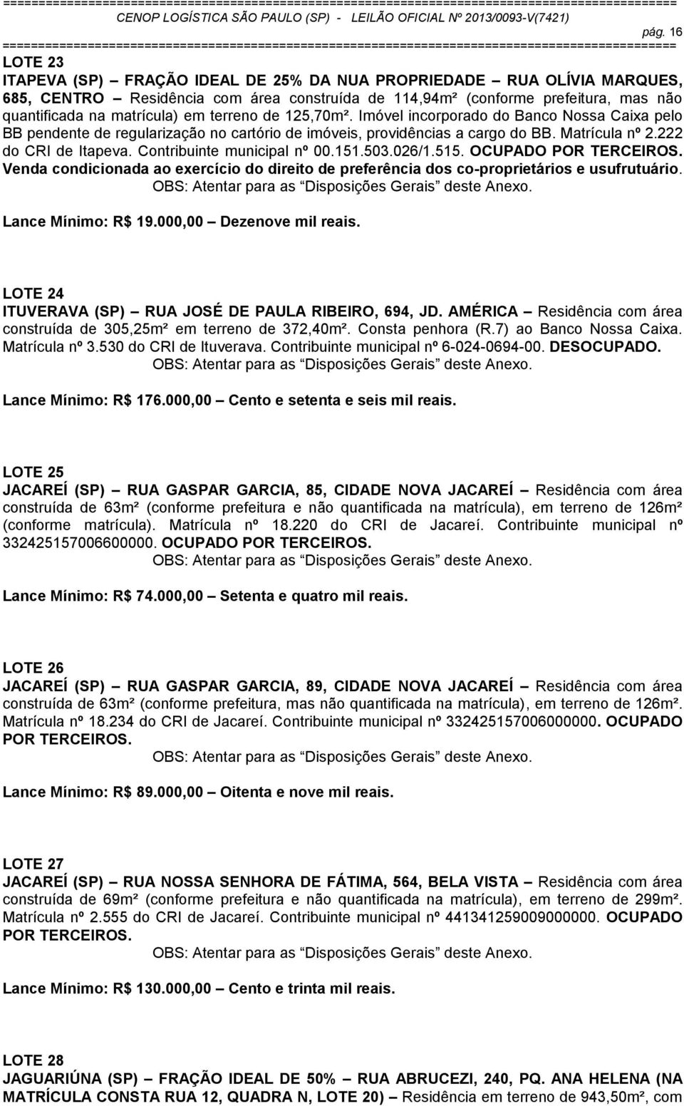 Contribuinte municipal nº 00.151.503.026/1.515. OCUPADO POR TERCEIROS. Venda condicionada ao exercício do direito de preferência dos co-proprietários e usufrutuário. Lance Mínimo: R$ 19.