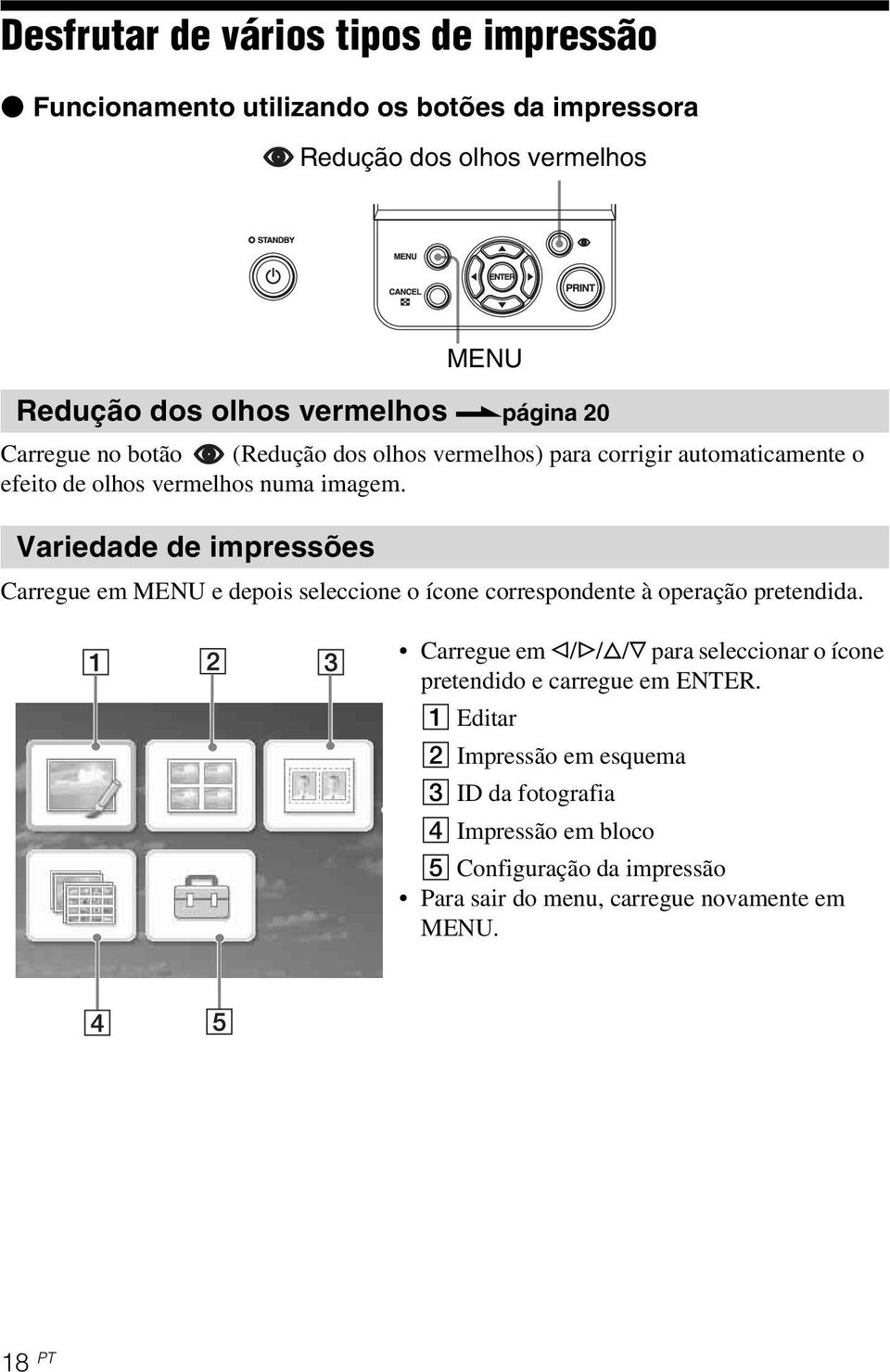 Variedade de impressões Carregue em MENU e depois seleccione o ícone correspondente à operação pretendida.