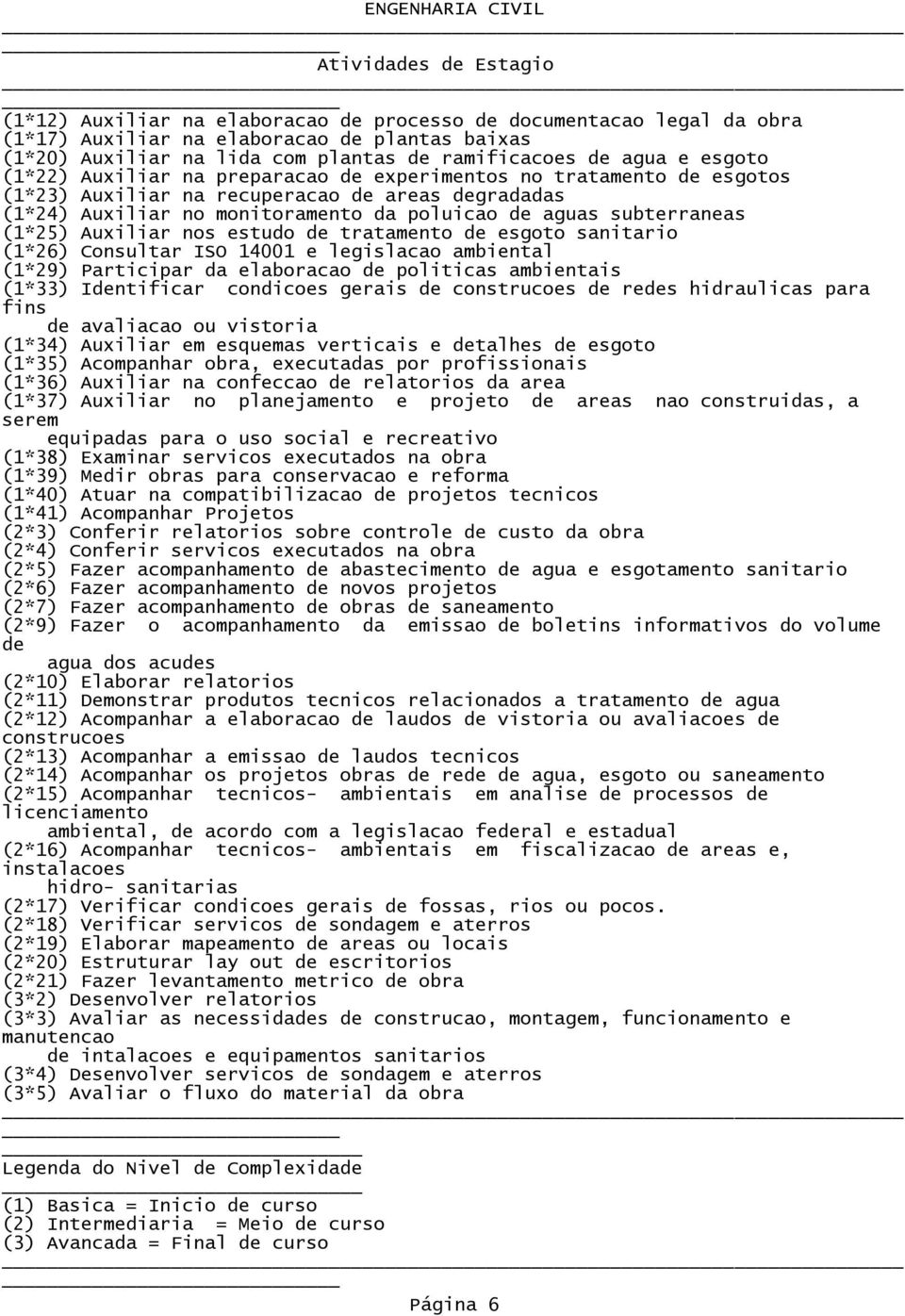 (1*26) Consultar ISO 14001 lgislacao ambintal (1*29) Participar da laboracao politicas ambintais (1*33) Intificar condicos grais construcos rs hidraulicas para fins avaliacao ou vistoria (1*34)