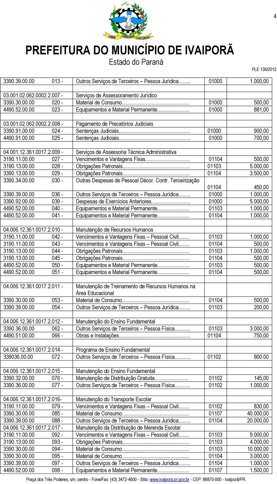 .. 01000 900,00 4490.91.00.00 025 - Sentenças Judiciais... 01000 700,00 04.001.12.361.0017.2.009 - Serviços de Assessoria Técnica Administrativa 3190.11.00.00 027 - Vencimentos e Vantagens Fixas.