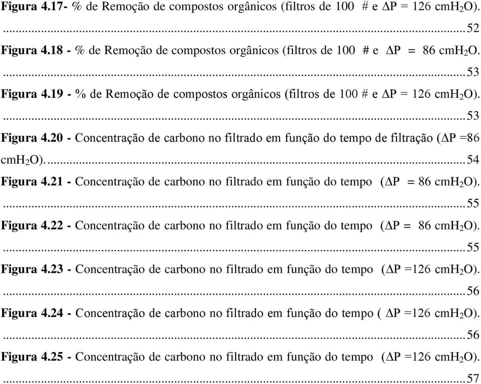 21 - Concentração de carbono no filtrado em função do tempo (ΔP = 86 cmh 2 O).... 55 Figura 4.22 - Concentração de carbono no filtrado em função do tempo (ΔP = 86 cmh 2 O).... 55 Figura 4.23 - Concentração de carbono no filtrado em função do tempo (ΔP =126 cmh 2 O).