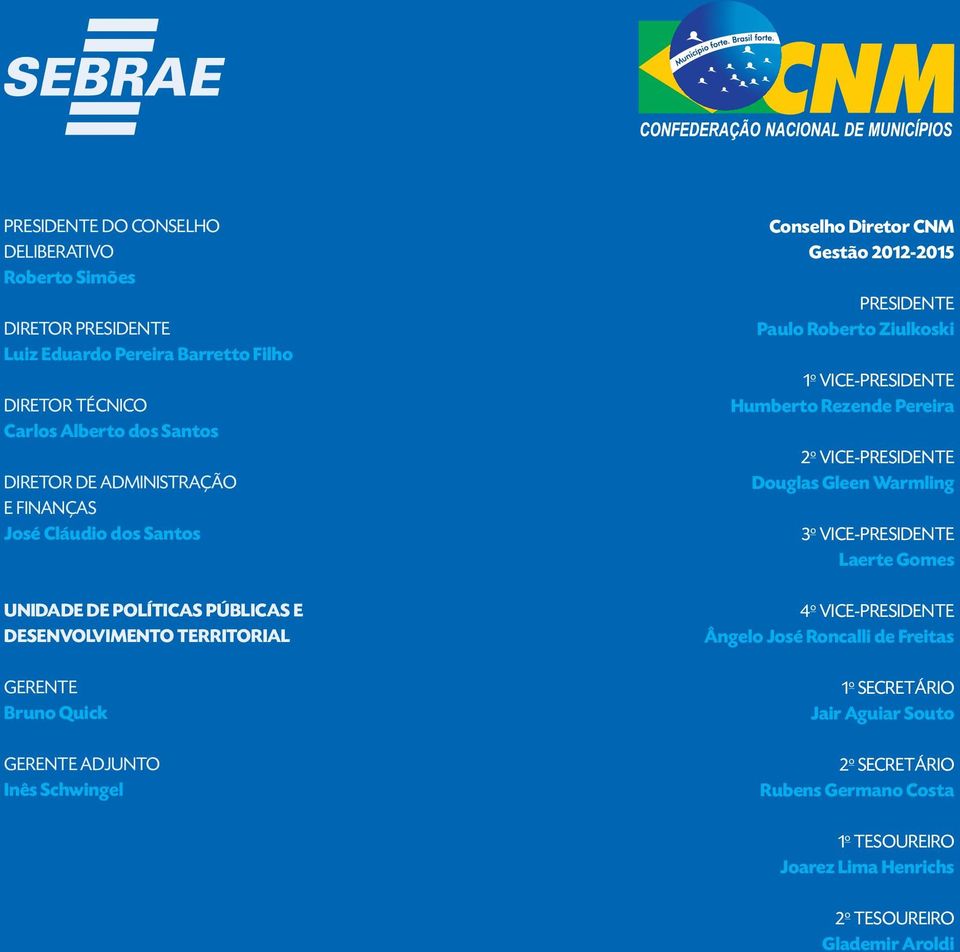 2012-2015 PRESIDENTE Paulo Roberto Ziulkoski 1 o VICE-PRESIDENTE Humberto Rezende Pereira 2 o VICE-PRESIDENTE Douglas Gleen Warmling 3 o VICE-PRESIDENTE Laerte Gomes 4 o