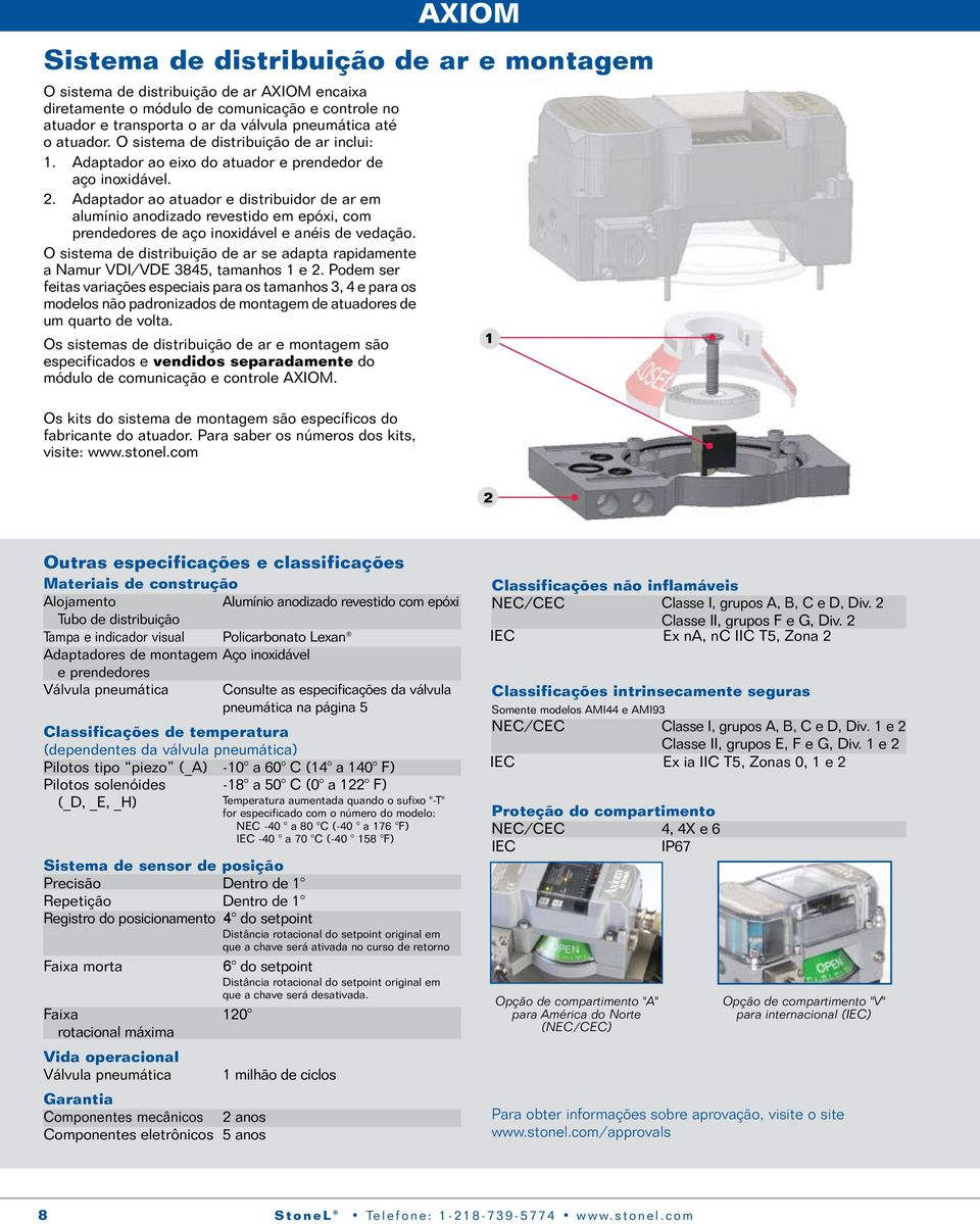 Adaptador ao atuador e distribuidor de ar em alumínio anodizado revestido em epóxi, com prendedores de aço inoxidável e anéis de vedação.