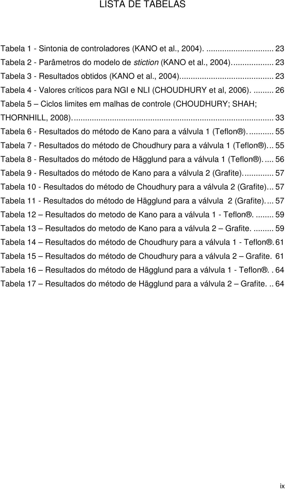 ... 55 Tabela 7 - Resultados do método de Choudhury para a válvula 1 (Telon )... 55 Tabela 8 - Resultados do método de Hägglund para a válvula 1 (Telon ).