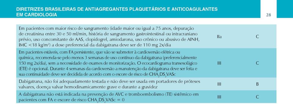 110 mg 2x/dia Em pacientes estáveis, com F persistente, que vão se submeter à cardioversão elétrica ou química, recomenda-se pelo menos 3 semanas de uso contínuo da dabigatrana (preferencialmente 150