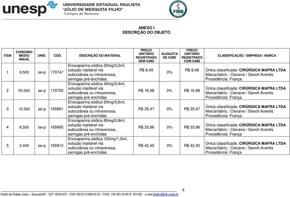 REGISTRADO SEM ICMS R$ 8,49 ALIQUOTA DE ICMS 0% PREÇO UNITÁRIO REGISTRADO COM ICMS R$ 16,98 0% R$ 16,98 R$ 25,47 0% R$ 25,47 R$ 33,96 0% R$ 33,96 R$ 42,45 0% R$ 42,45 CLASSIFICAÇÃO / EMPRESA /