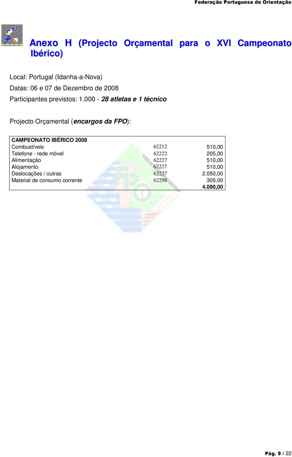 000-28 atletas e 1 técnico Projecto Orçamental (encargos da FPO): CAMPEONATO IBÉRICO 2008 Combustíveis 62212