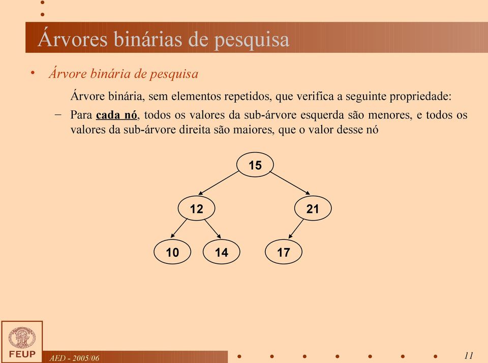 nó, todos os valores da sub-árvore esquerda são menores, e todos os