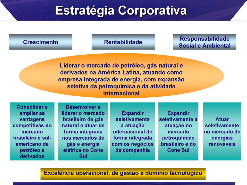 liderar o mercado brasileiro de gás natural e atuar de forma integrada nos mercados de gás e energia elétrica no Cone Sul Expandir seletivamente a atuação internacional de forma integrada com os