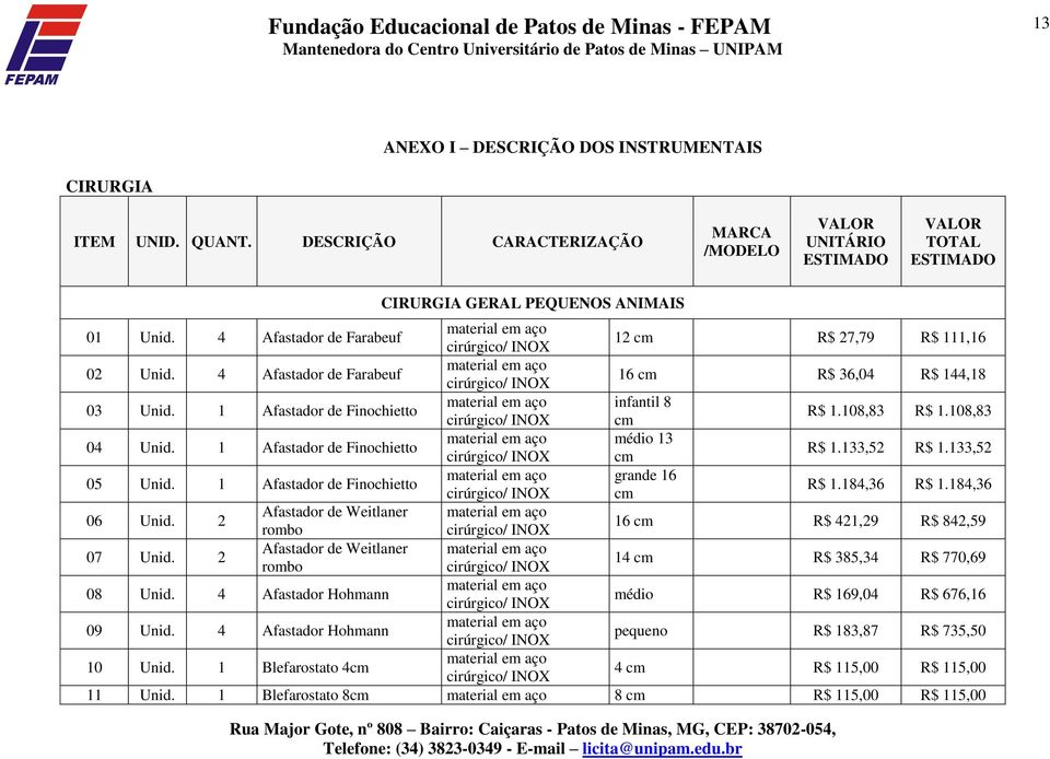 1 Afastador de Finochietto médio 13 cm R$ 1.133,52 R$ 1.133,52 05 Unid. 1 Afastador de Finochietto grande 16 cm R$ 1.184,36 R$ 1.184,36 06 Unid.