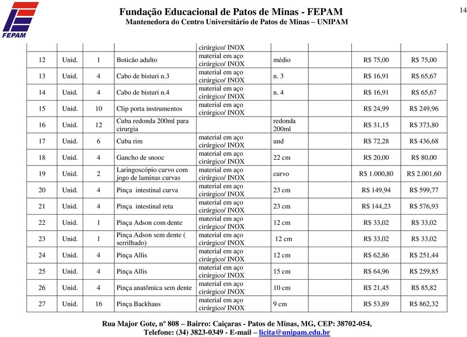 4 Pinça Allis 25 Unid. 4 Pinça Allis Pinça Adson sem dente ( serrilhado) 26 Unid. 4 Pinça anatômica sem dente 27 Unid. 16 Pinça Backhaus médio R$ 75,00 R$ 75,00 n. 3 R$ 16,91 R$ 65,67 n.