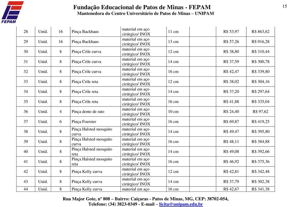 8 Pinça Crile reta 14 cm R$ 37,20 R$ 297,64 35 Unid. 8 Pinça Crile reta 16 cm R$ 41,88 R$ 335,04 36 Unid. 4 Pinça dente de rato 10 cm R$ 24,40 R$ 97,62 37 Unid.