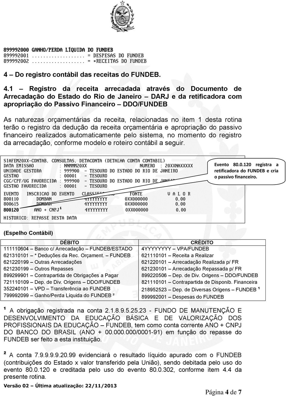 1 Registro da receita arrecadada através do Documento de Arrecadação do Estado do Rio de Janeiro DARJ e da retificadora com apropriação do Passivo Financeiro DDO/FUNDEB As naturezas orçamentárias da