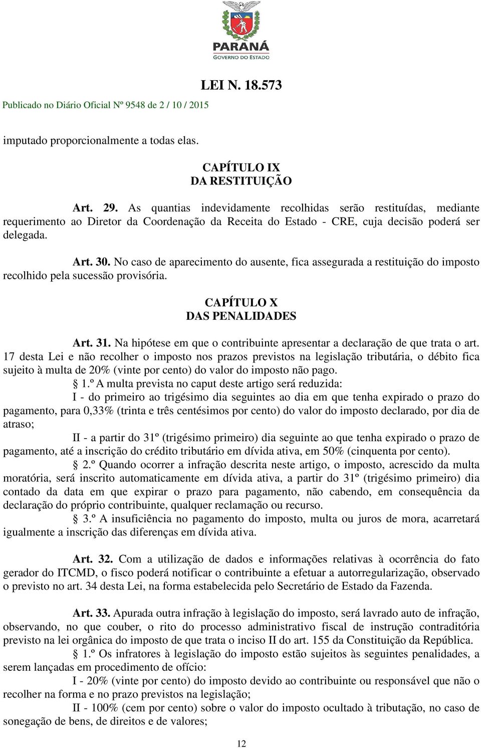 No caso de aparecimento do ausente, fica assegurada a restituição do imposto recolhido pela sucessão provisória. CAPÍTULO X DAS PENALIDADES Art. 31.