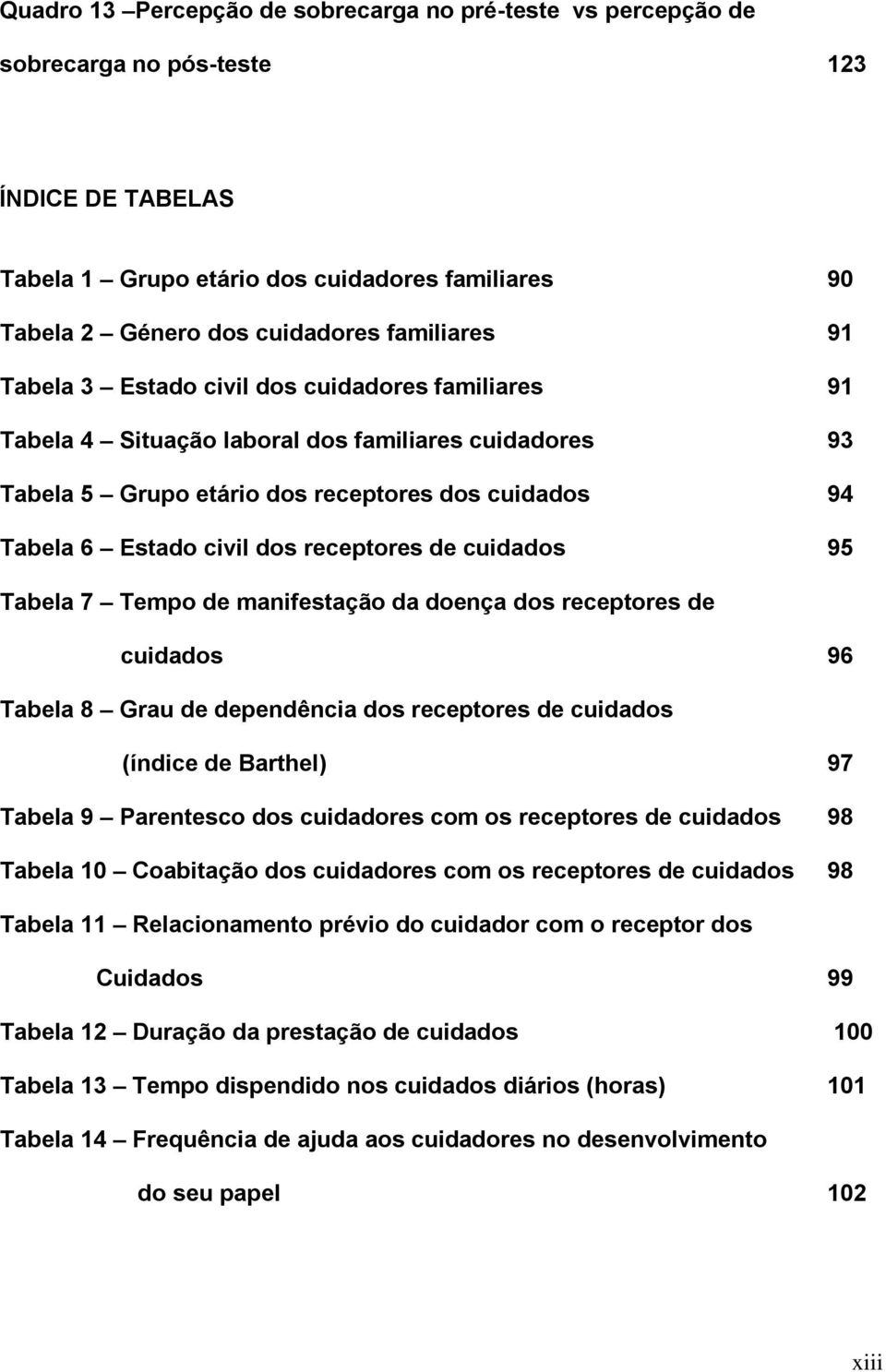 receptores de cuidados 95 Tabela 7 Tempo de manifestação da doença dos receptores de cuidados 96 Tabela 8 Grau de dependência dos receptores de cuidados (índice de Barthel) 97 Tabela 9 Parentesco dos