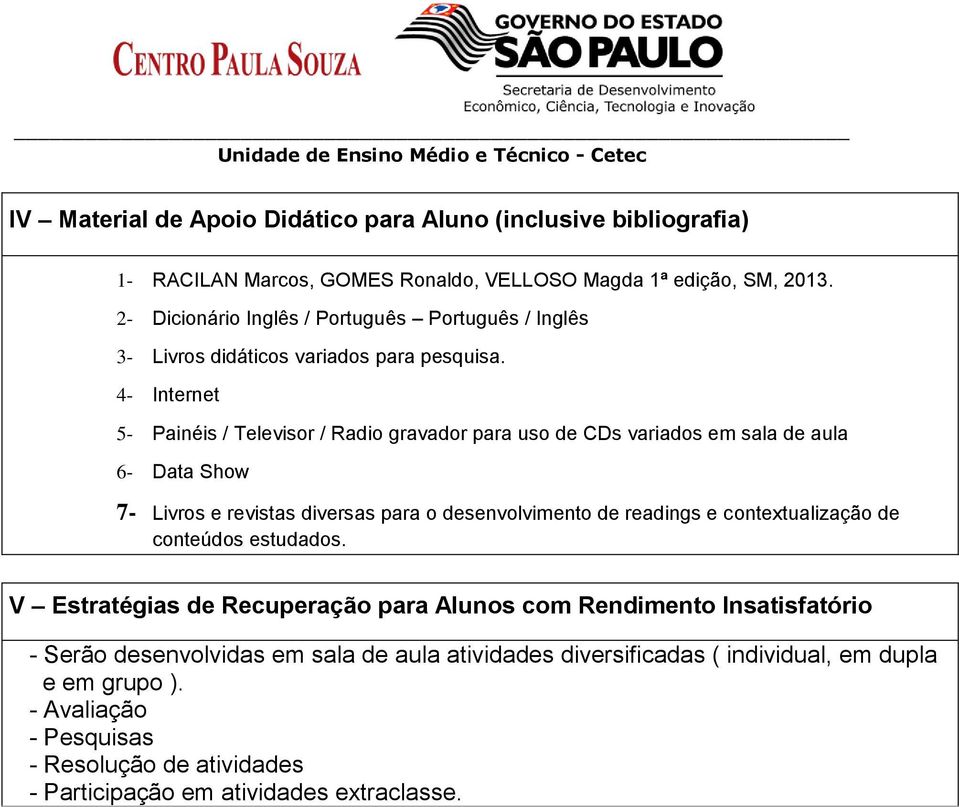 4- Internet 5- Painéis / Televisor / Radio gravador para uso de CDs variados em sala de aula 6- Data Show 7- Livros e revistas diversas para o desenvolvimento de readings e