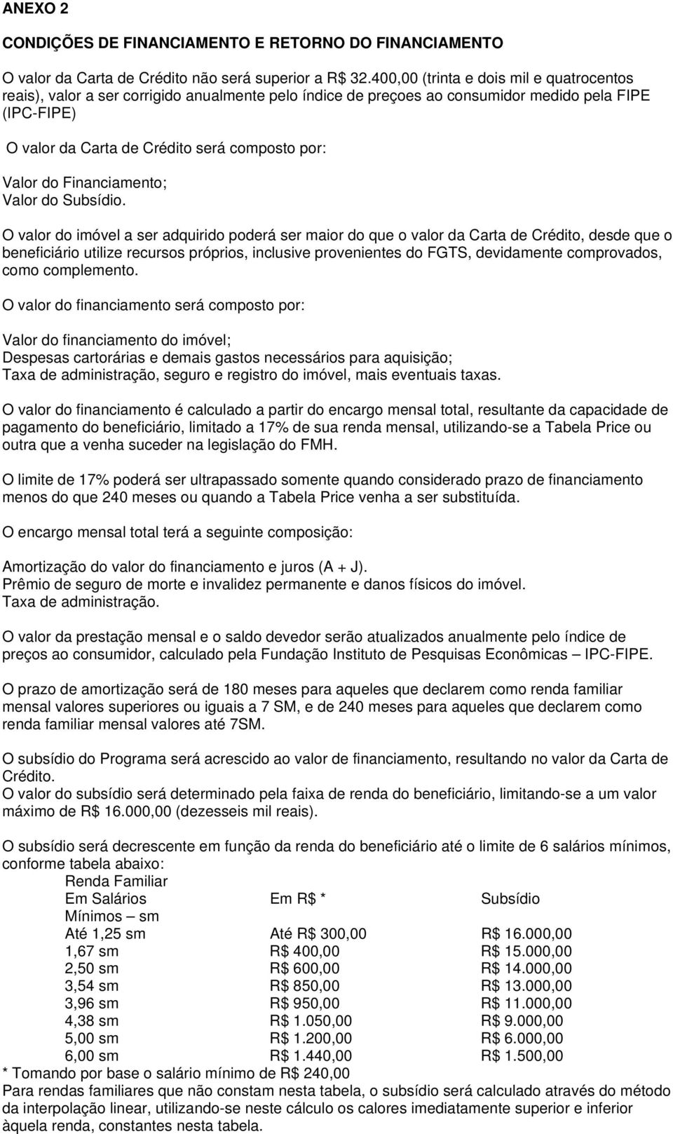 do Financiamento; Valor do Subsídio.