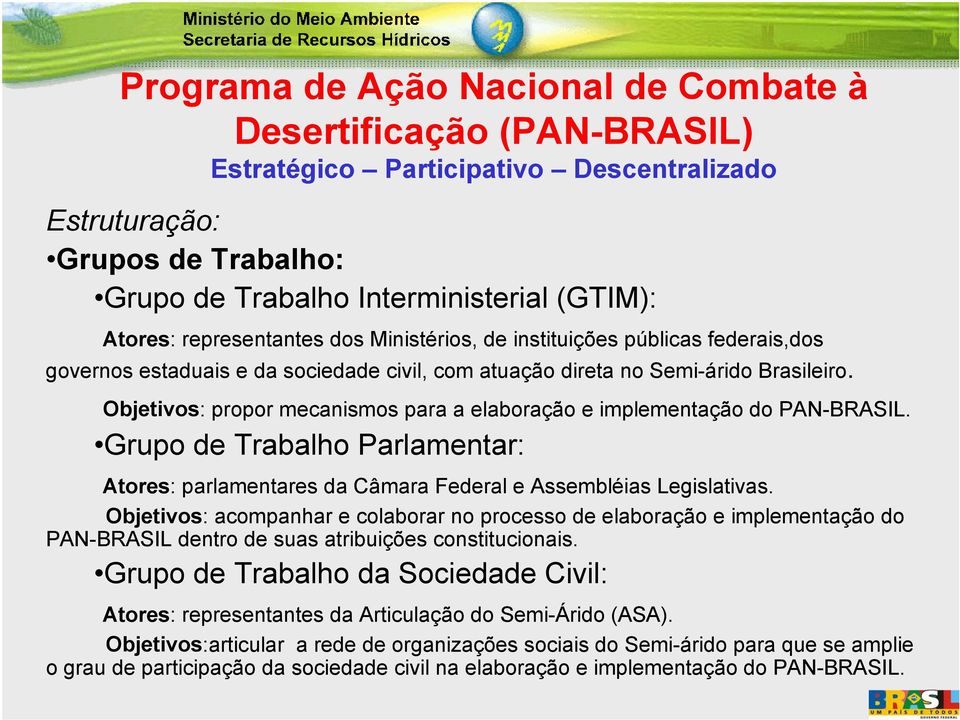 Objetivos: propor mecanismos para a elaboração e implementação do PAN-BRASIL. Grupo de Trabalho Parlamentar: Atores: parlamentares da Câmara Federal e Assembléias Legislativas.