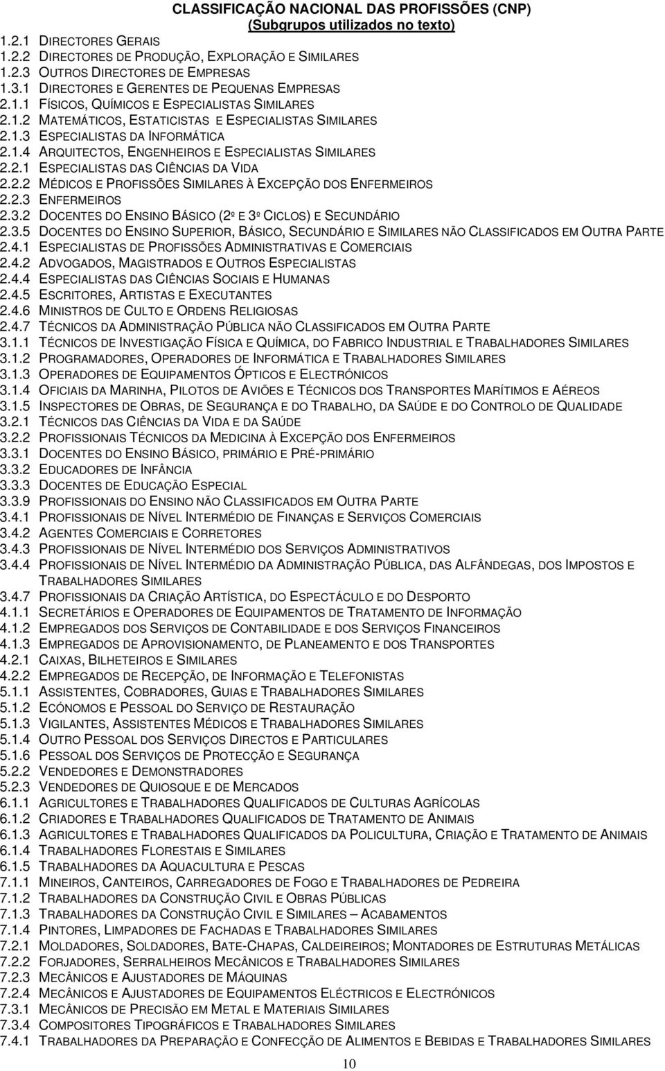 1.4 ARQUITECTOS, ENGENHEIROS E ESPECIALISTAS SIMILARES 2.2.1 ESPECIALISTAS DAS CIÊNCIAS DA VIDA 2.2.2 MÉDICOS E PROFISSÕES SIMILARES À EXCEPÇÃO DOS ENFERMEIROS 2.2.3 