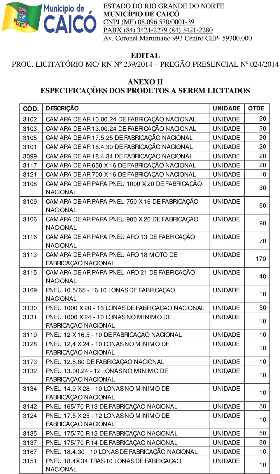 30 DE FABRICAÇÃO NACIONAL UNIDADE 20 3099 CAMARA DE AR 18.4.