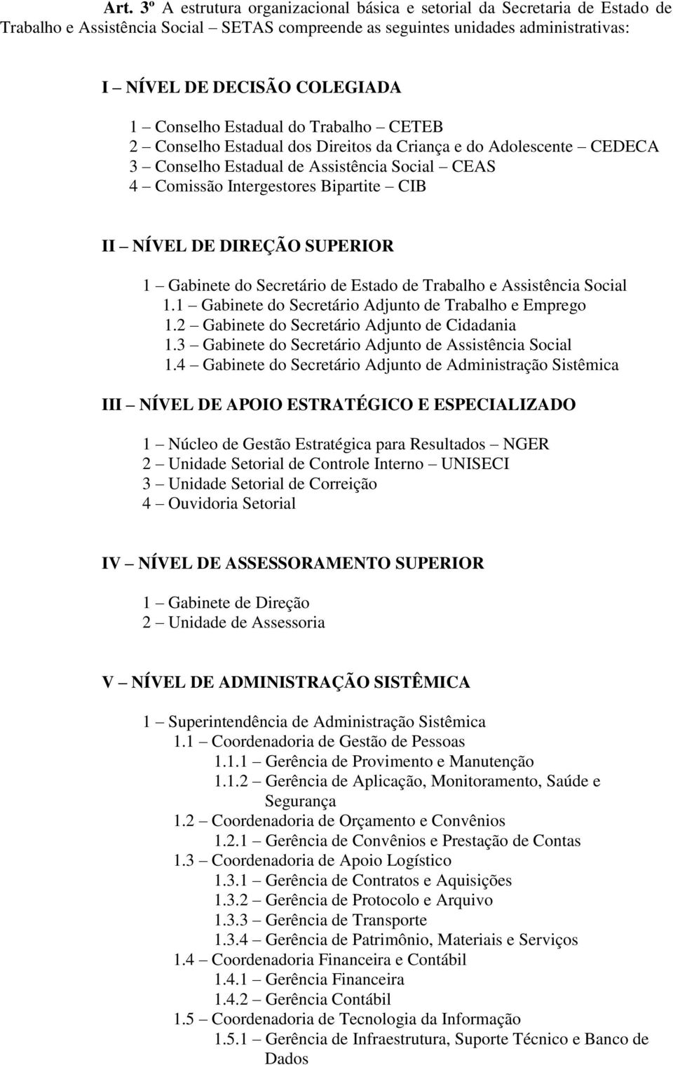 DE DIREÇÃO SUPERIOR 1 Gabinete do Secretário de Estado de Trabalho e Assistência Social 1.1 Gabinete do Secretário Adjunto de Trabalho e Emprego 1.2 Gabinete do Secretário Adjunto de Cidadania 1.