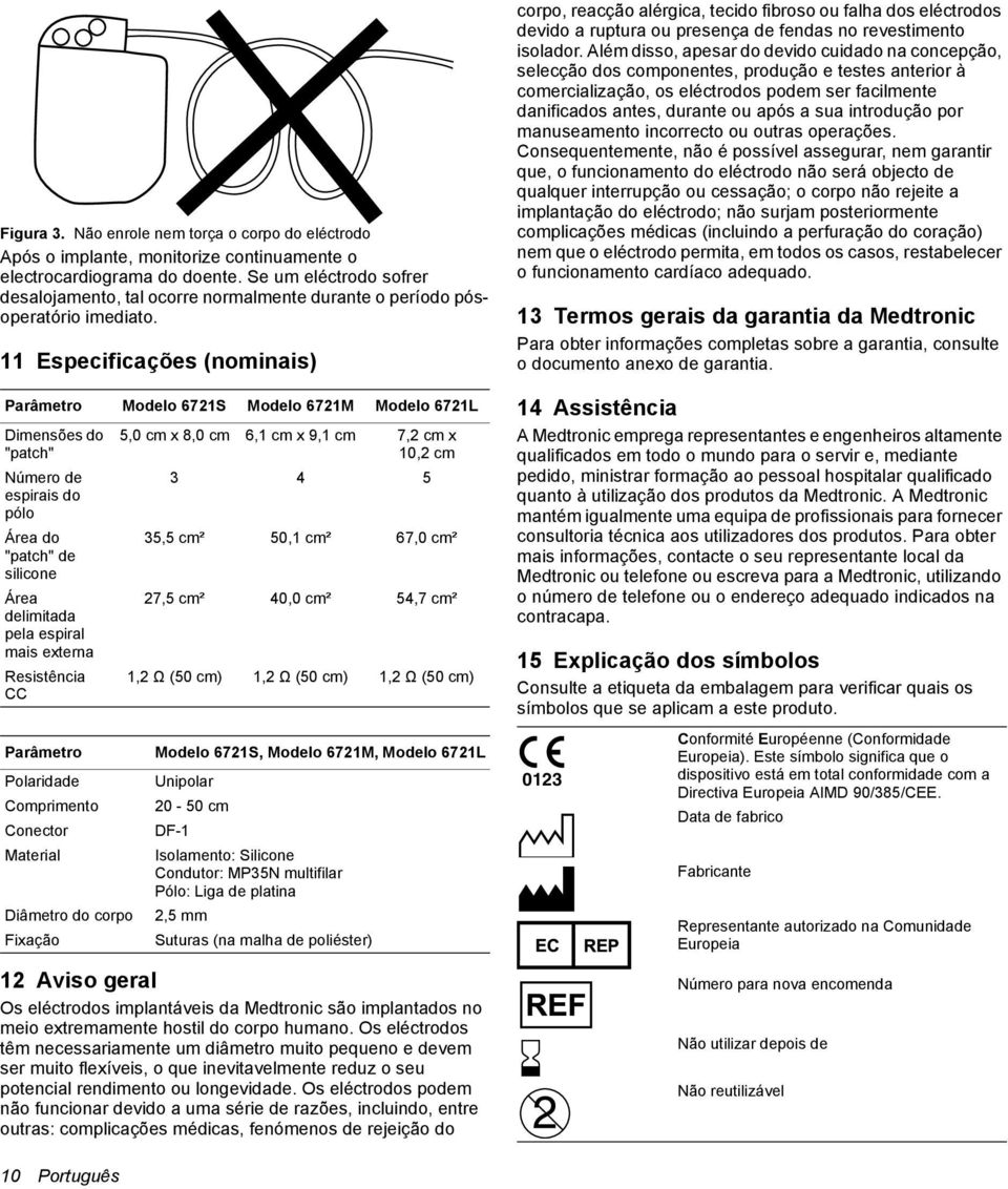 11 Especificações (nominais) Parâmetro Modelo 6721S Modelo 6721M Modelo 6721L Dimensões do "patch" Número de espirais do pólo Área do "patch" de silicone Área delimitada pela espiral mais externa