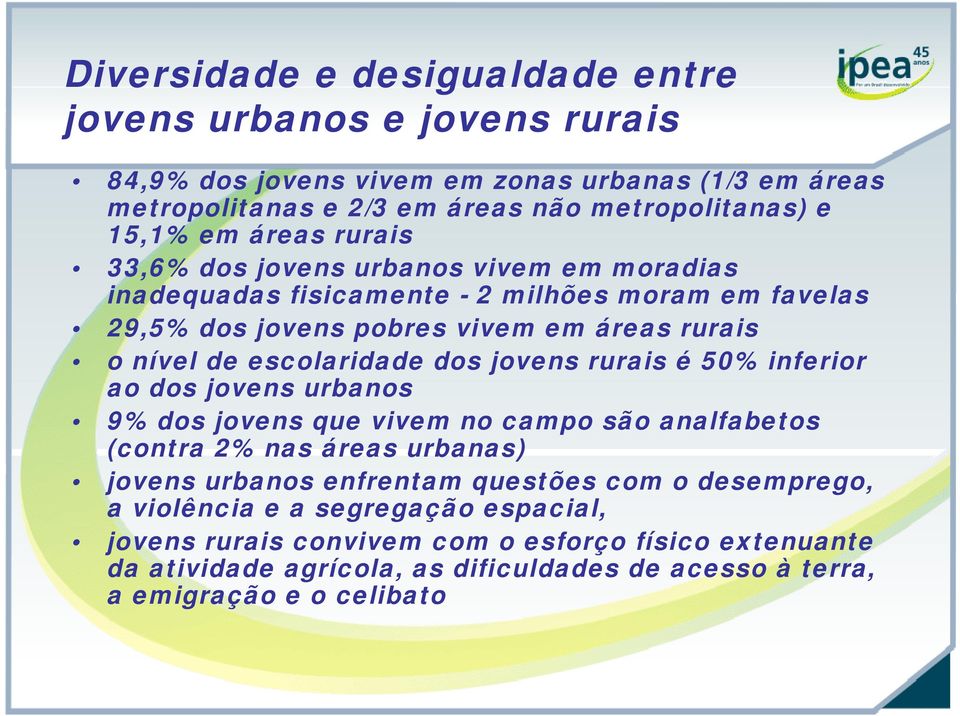 dos jovens rurais é 50% inferior ao dos jovens urbanos 9% dos jovens que vivem no campo são analfabetos (contra 2% nas áreas urbanas) jovens urbanos enfrentam questões com o