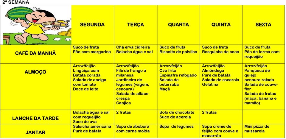 Almôndega Salada de escarola Panqueca de quiejo cenoura ralada Salada de couveflor Salada de frutas (maçã, banana e mamão) com Suco de