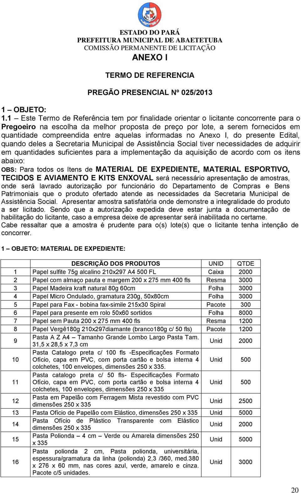 aquelas informadas no Anexo I, do presente Edital, quando deles a Secretaria Municipal de Assistência Social tiver necessidades de adquirir em quantidades suficientes para a implementação da