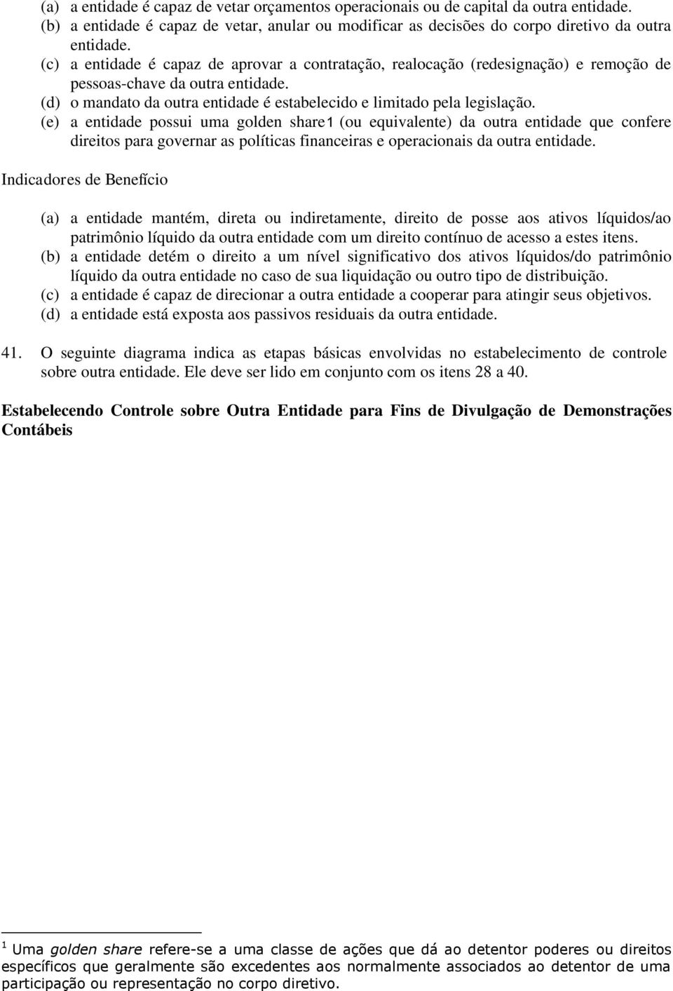 (e) a entidade possui uma golden share1 (ou equivalente) da outra entidade que confere direitos para governar as políticas financeiras e operacionais da outra entidade.