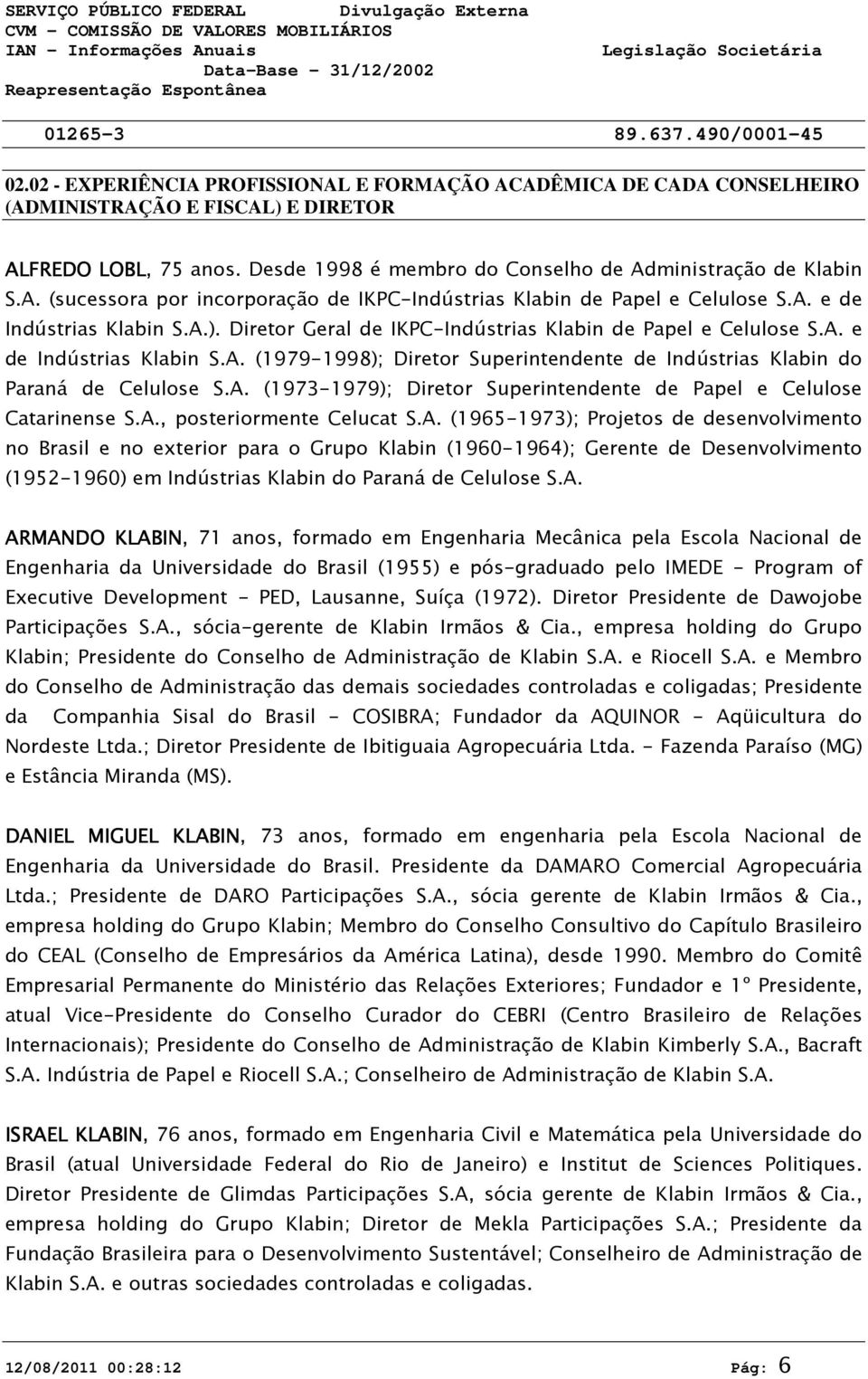 Diretor Geral de IKPC-Indústrias Klabin de Papel e Celulose S.A. e de Indústrias Klabin S.A. (1979-1998); Diretor Superintendente de Indústrias Klabin do Paraná de Celulose S.A. (1973-1979); Diretor Superintendente de Papel e Celulose Catarinense S.