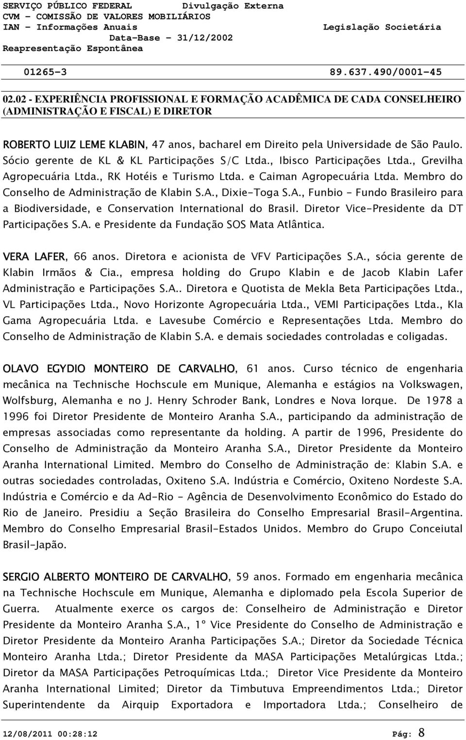 Sócio gerente de KL & KL Participações S/C Ltda., Ibisco Participações Ltda., Grevilha Agropecuária Ltda., RK Hotéis e Turismo Ltda. e Caiman Agropecuária Ltda.