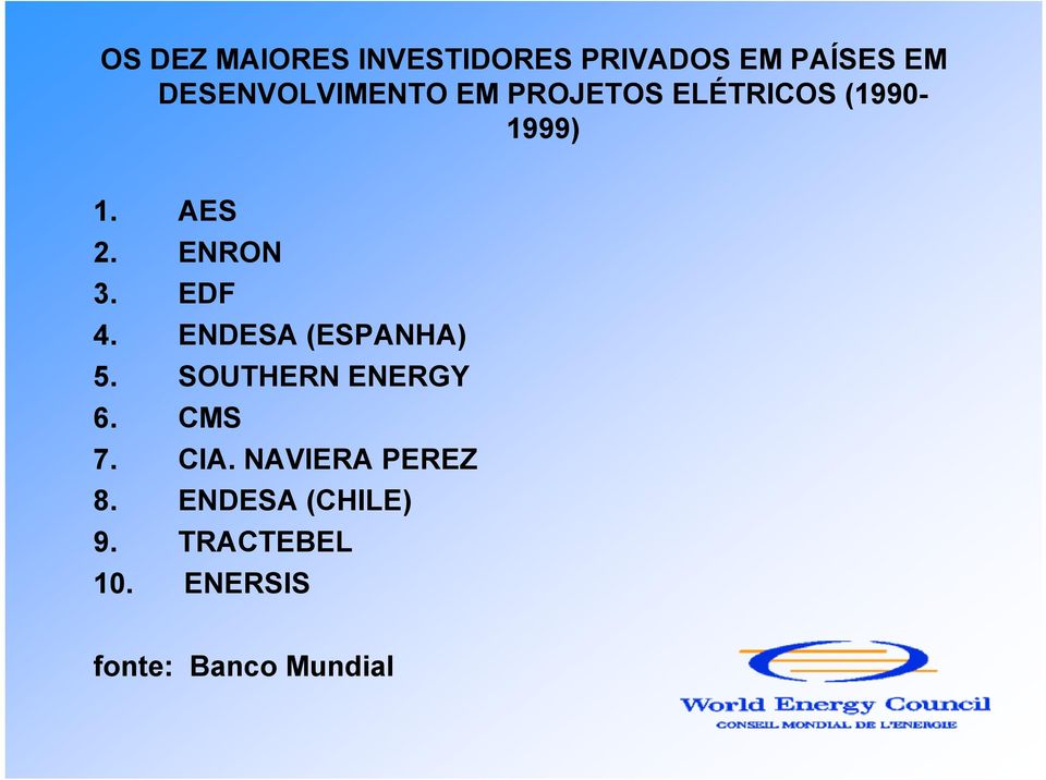 ENRON 3. EDF 4. ENDESA (ESPANHA) 5. SOUTHERN ENERGY 6. CMS 7.