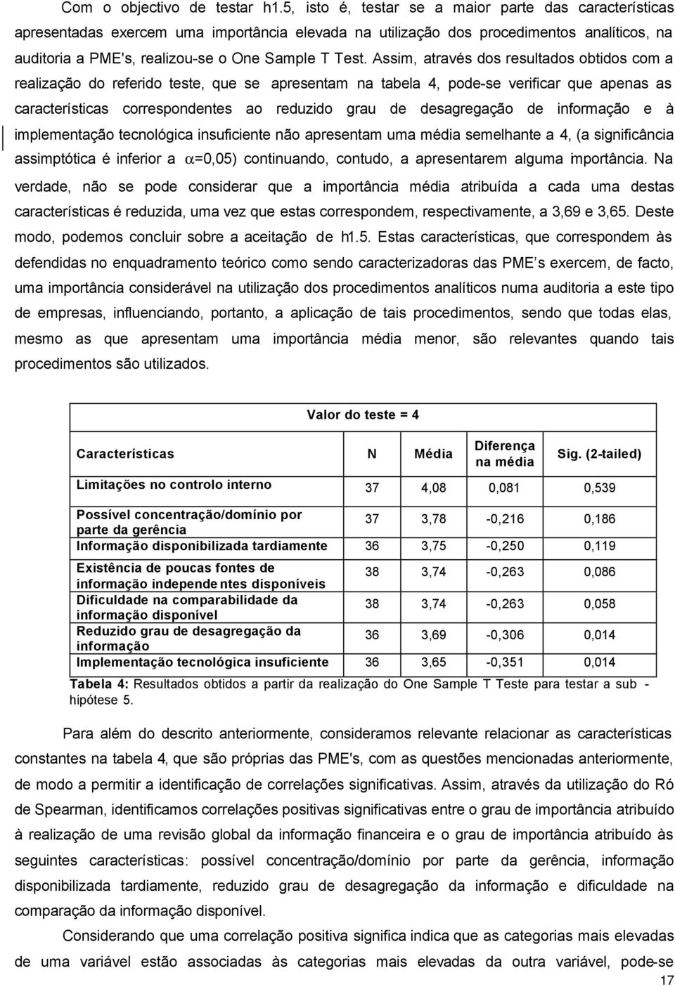 Assim, através dos resultados obtidos com a realização do referido teste, que se apresentam na tabela 4, pode-se verificar que apenas as características correspondentes ao reduzido grau de