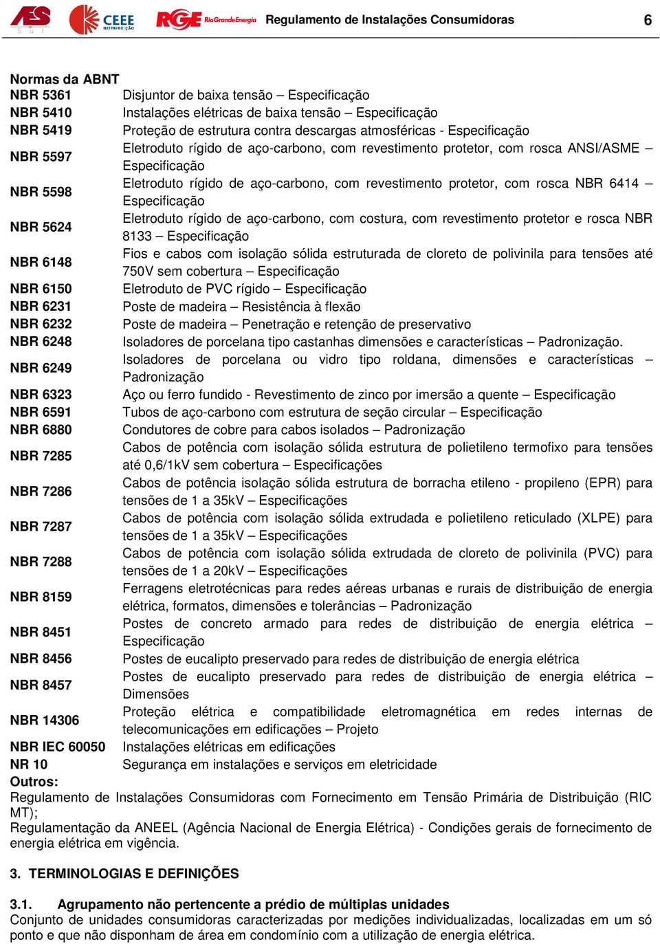 revestimento protetor, com rosca NBR 6414 Especificação NBR 5624 Eletroduto rígido de aço-carbono, com costura, com revestimento protetor e rosca NBR 8133 Especificação NBR 6148 Fios e cabos com