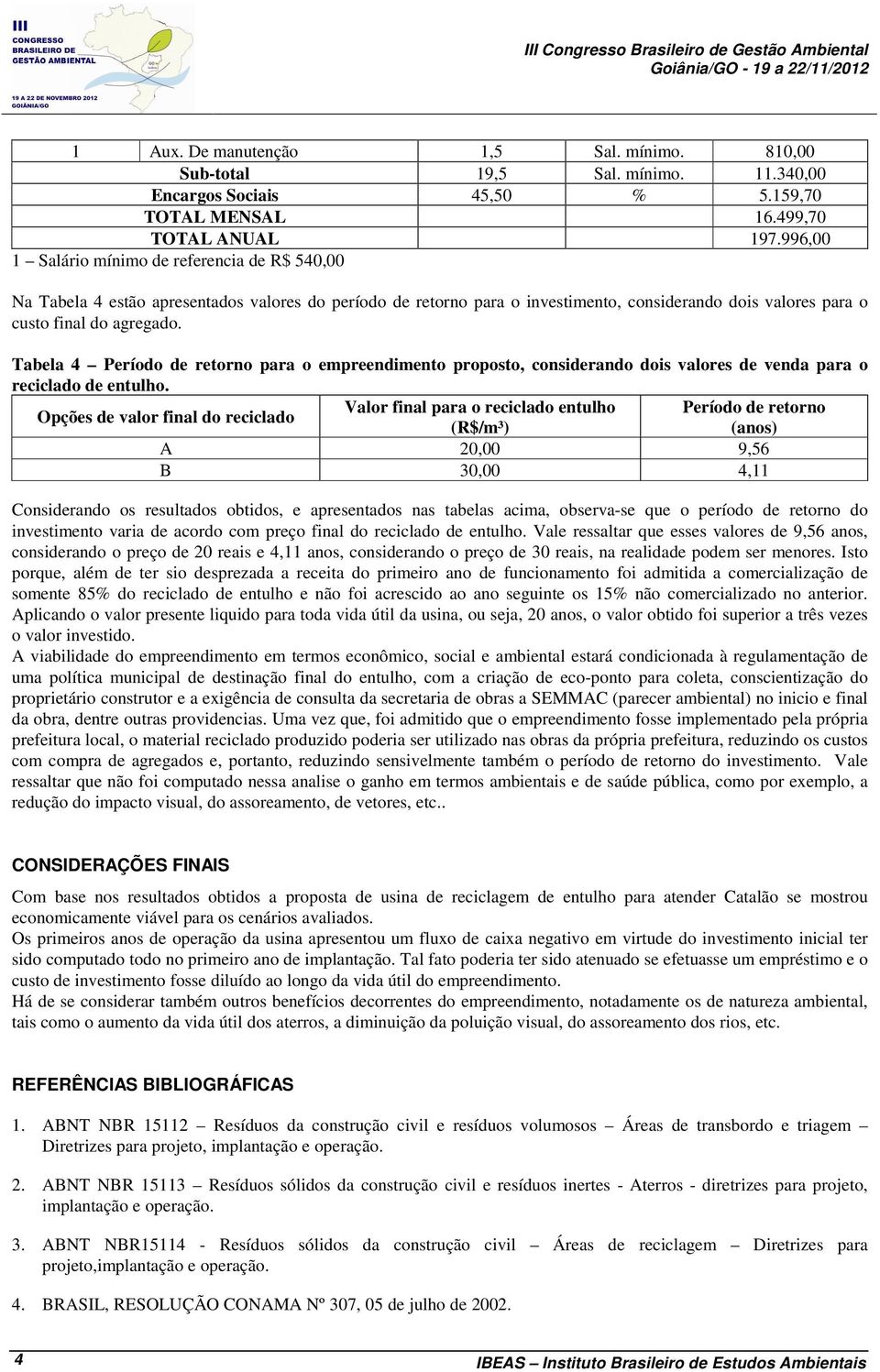 Tabela 4 Período de retorno para o empreendimento proposto, considerando dois valores de venda para o reciclado de entulho.