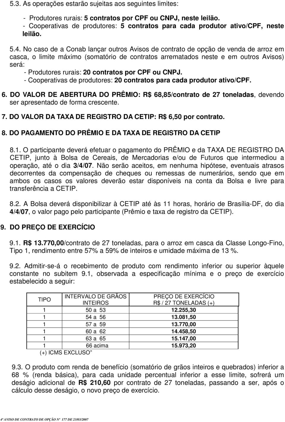 No caso de a Conab lançar outros Avisos de contrato de opção de venda de arroz em casca, o limite máximo (somatório de contratos arrematados neste e em outros Avisos) será: - Produtores rurais: 20