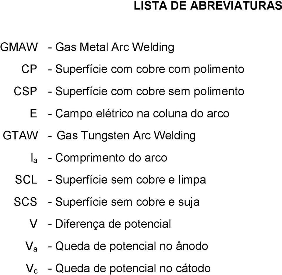 Welding l a - Comprimento do arco SCL - Superfície sem cobre e limpa SCS - Superfície sem cobre e