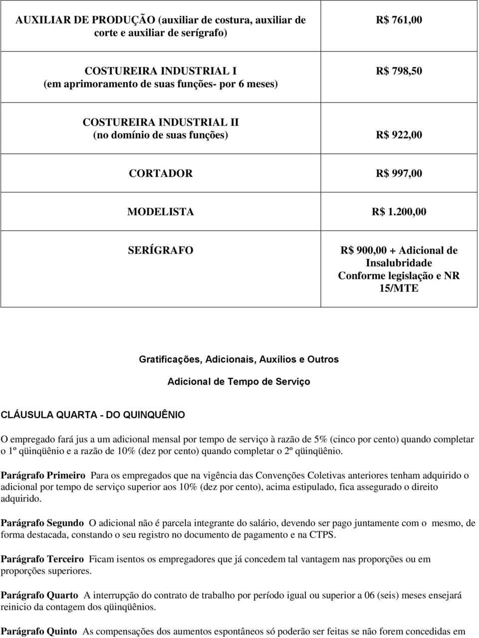 200,00 SERÍGRAFO R$ 900,00 + Adicional de Insalubridade Conforme legislação e NR 15/MTE Gratificações, Adicionais, Auxílios e Outros Adicional de Tempo de Serviço CLÁUSULA QUARTA - DO QUINQUÊNIO O