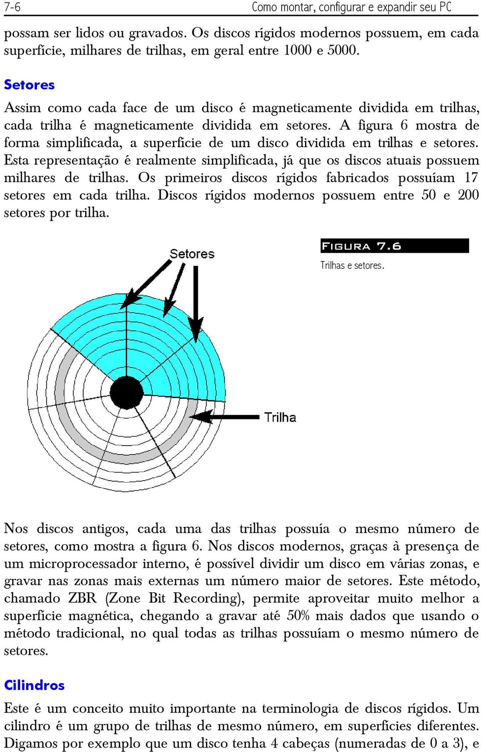 A figura 6 mostra de forma simplificada, a superfície de um disco dividida em trilhas e setores. Esta representação é realmente simplificada, já que os discos atuais possuem milhares de trilhas.