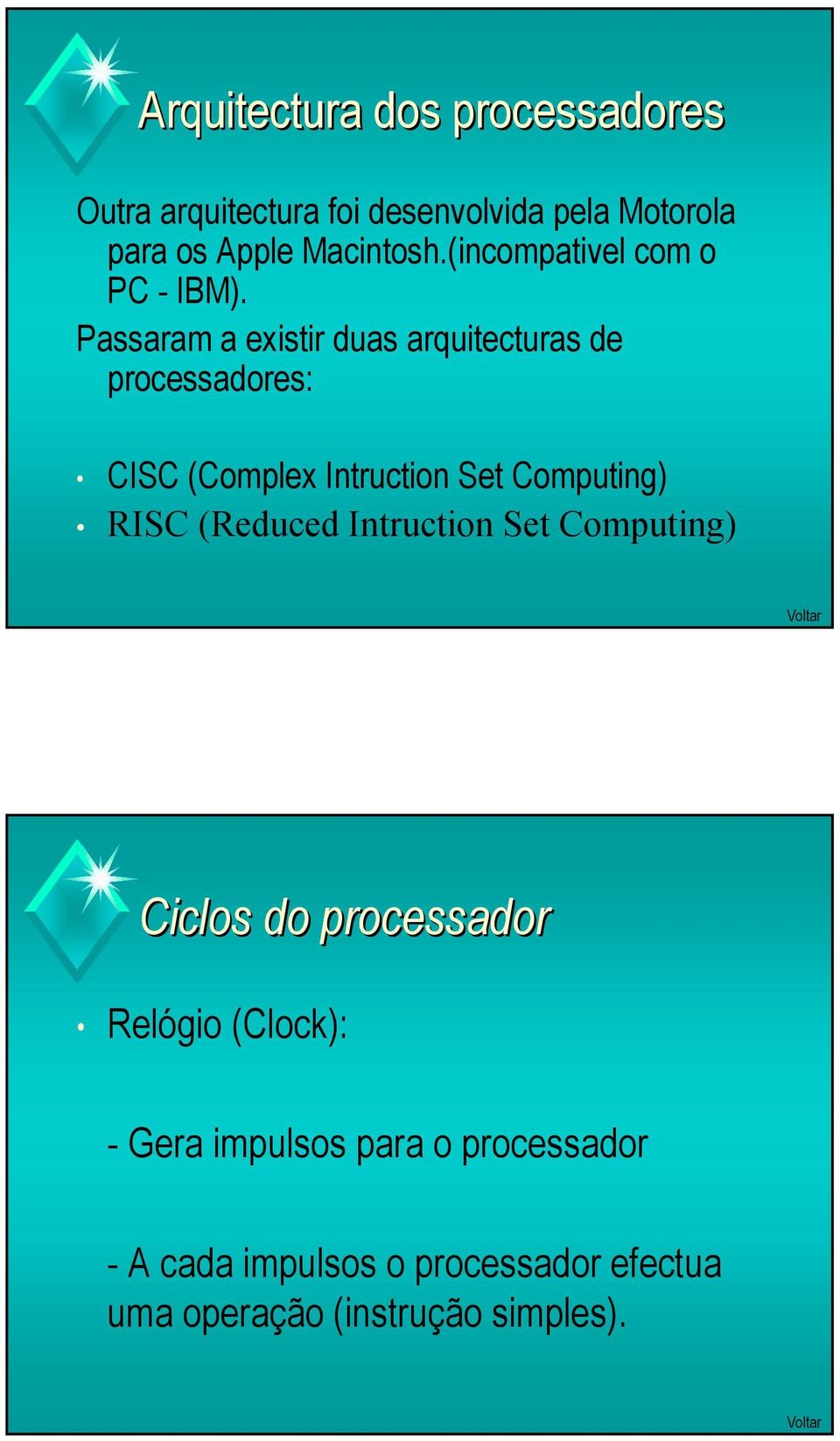 Passaram a existir duas arquitecturas de processadores: CISC (Complex Intruction Set Computing) RISC