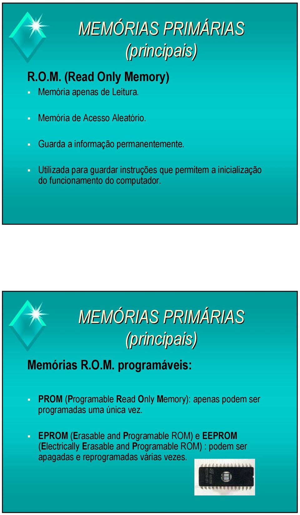 MEMÓRIAS PRIMÁRIAS (principais) Memórias R.O.M. programáveis: PROM (Programable Read Only Memory): apenas podem ser programadas uma única vez.