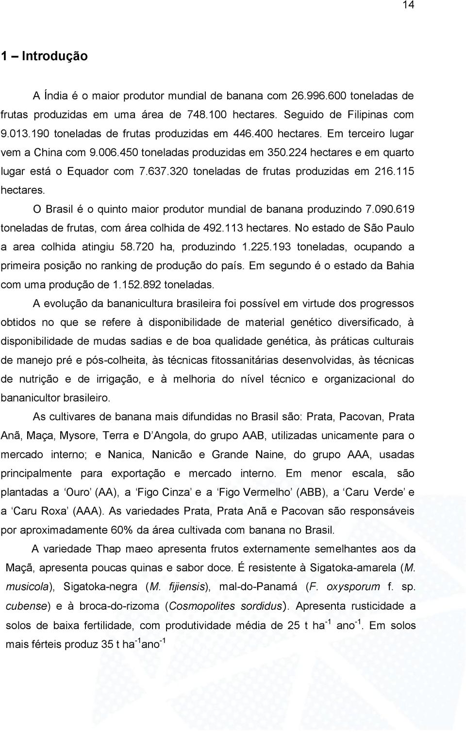 320 toneladas de frutas produzidas em 216.115 hectares. O Brasil é o quinto maior produtor mundial de banana produzindo 7.090.619 toneladas de frutas, com área colhida de 492.113 hectares.