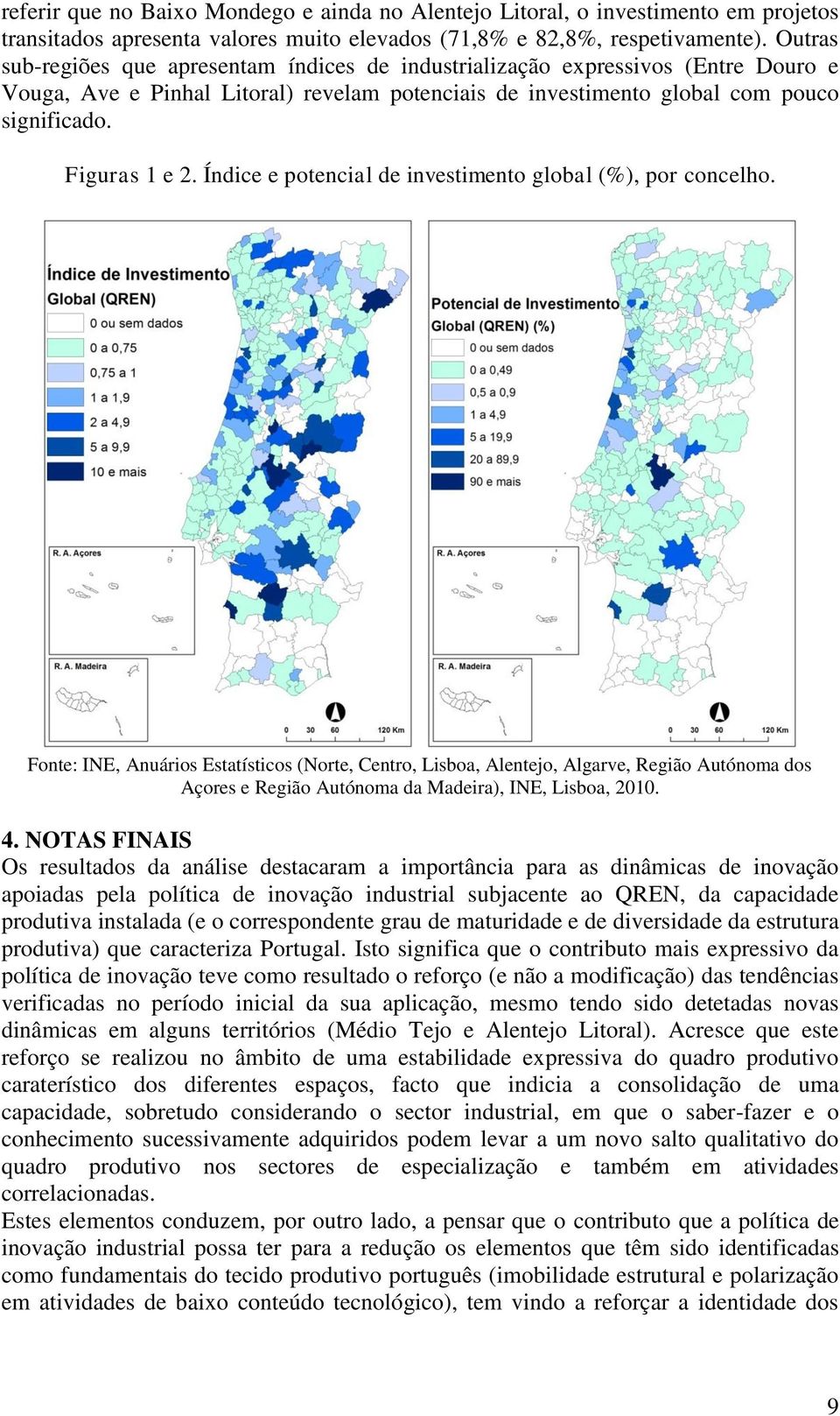 Índice e potencial de investimento global (%), por concelho.