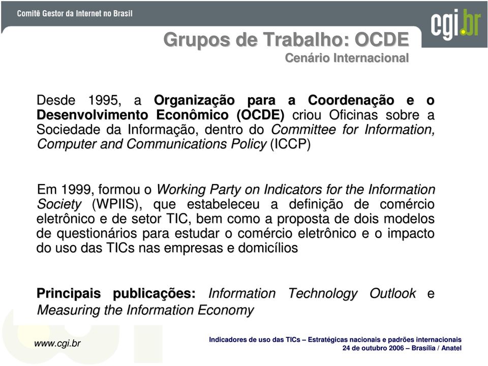 Information Society (WPIIS), que estabeleceu a definição de comércio eletrônico e de setor TIC, bem como a proposta de dois modelos de questionários para