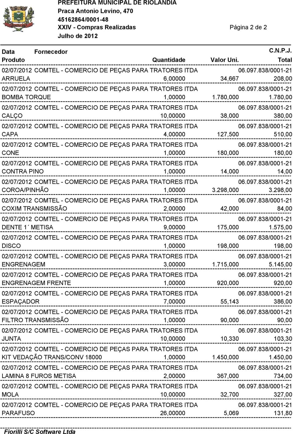 097.838/0001-21 CONE 1,00000 180,000 180,00 02/07/2012 COMTEL - COMERCIO DE PEÇAS PARA TRATORES ltda 06.097.838/0001-21 CONTRA PINO 1,00000 14,000 14,00 02/07/2012 COMTEL - COMERCIO DE PEÇAS PARA TRATORES ltda 06.