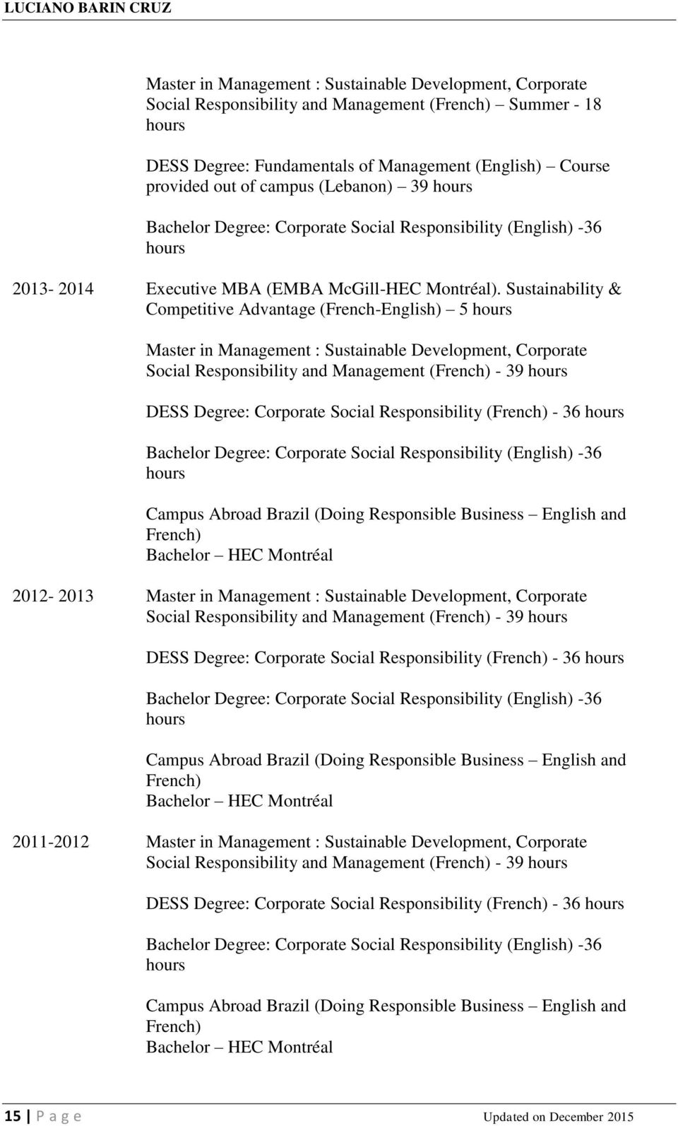 Sustainability & Competitive Advantage (French-English) 5 hours Master in Management : Sustainable Development, Corporate Social Responsibility and Management (French) - 39 hours DESS Degree: